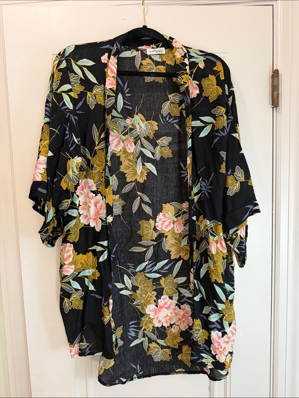 Lightweight Black Floral Kimono with Pink & Olive Accents